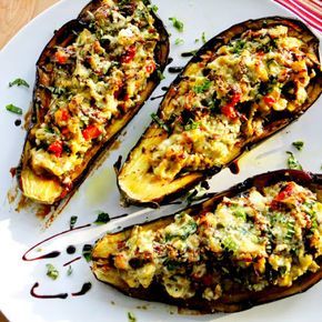 Stuffed Eggplant with Ricotta, Spinach and Artichoke Recipe | Key Ingredient Spinach Artichoke Recipes, Ricotta Spinach, Stuffed Eggplant, Eggplant Recipe, Artichoke Recipes, Low Fodmap Recipes, Fodmap Recipes, Eggplant Recipes, Veggie Dishes