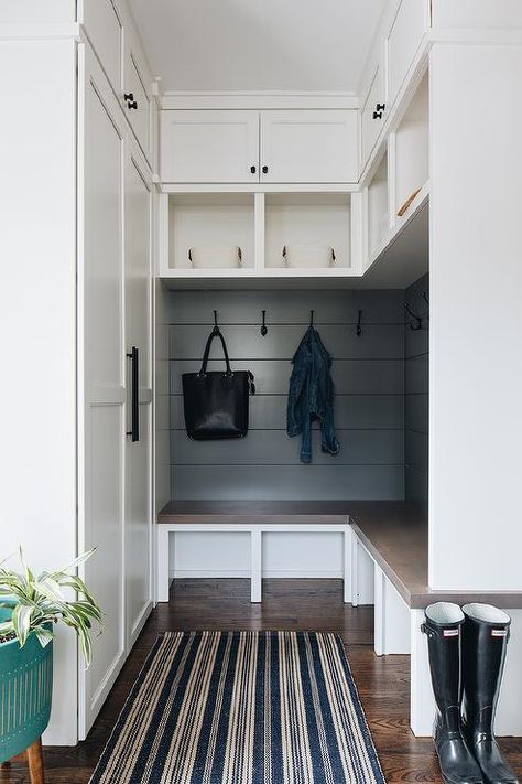 L Shaped Mudroom Bench, L Shaped Mudroom, Shiplap Trim, Black Shiplap, Transitional Laundry Room, Small Mudroom Ideas, Mudroom Remodel, Mudroom Cabinets, Mudroom Bench With Storage