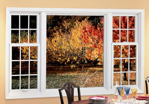 Renewal by Andersen replacement windows combination - picture window in center with one double hung window on either side. Picture Windows Living Room, Kb Homes, Dining Room Windows, Picture Window, Replacement Windows, Window Replacement, Modern Farmhouse Exterior, Window Room, Windows Exterior