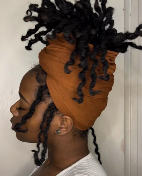 Scarf Loc Styles, Locs And Headwraps, Headwrap Styles With Locs, Mullet Locs, Locs With Loose Ends, Female Dreadlocks Styles, Headwrap Hairstyles, Loc Hairstyles, Short Locs Hairstyles