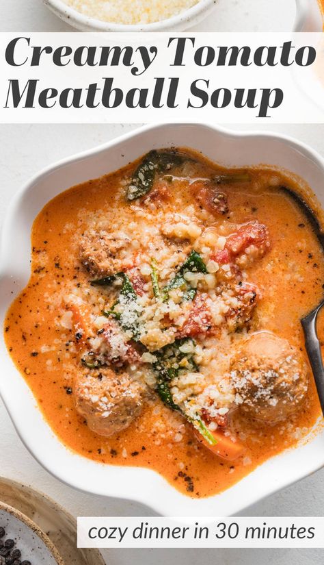 This Creamy Tomato Meatball Soup with pearl couscous is quick and easy but feels like a cozy Sunday supper your grandmother might have simmered all day. It's got tender veggies, plenty of Italian herbs, and just a splash of cream. Best of all, everything cooks together in one pot in about 30 minutes. Pearl Couscous Soup, Couscous Soup, Soup With Tomatoes, Parmesan Soup, Pearl Couscous, Cozy Sunday, Mediterranean Spices, Italian Herbs, Winter Dishes