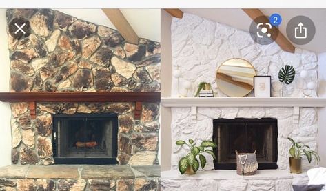 70s Fireplace, Fireplace Refresh, Diy Stone Fireplace, Fireplace Transformation, Painted Stone Fireplace, Jolie Paint, Stone Fireplace Makeover, Rock Fireplace, Paint Fireplace