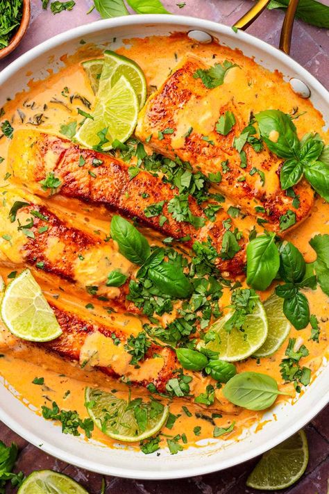 Try this easy Thai Coconut Curry Salmon recipe with tender salmon in a creamy, flavorful coconut sauce. It's the perfect weeknight dinner!