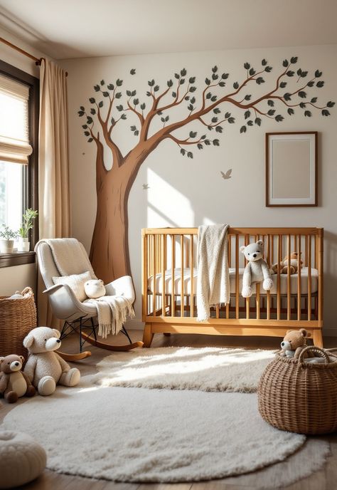 Nursery Room Ideas Japan Nursery Design, Woodland Nursery Diy, Enchanted Forest Nursery Theme, Woodland Playroom, Forest Baby Rooms, Forest Nursery Theme, Enchanted Forest Nursery, Brown Fabrics, Shaped Rugs