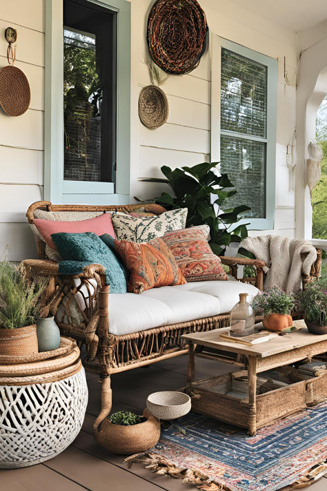 Ready to refresh your porch? Discover beautiful porch decor ideas that will turn your outdoor space into a stylish retreat. From creative porch decorating ideas front and center, to charming porch decor that adds personality, these tips will help you elevate your home’s curb appeal. Whether you're focused on porch decorating front or looking for overall porch inspiration, these ideas are perfect for any home. Hippy Front Porch, Uncovered Porch Decor, Front Patio Furniture Ideas, Covered Back Porch Decorating, Charleston Porches, Front Porch Boho, Cottage Porch Ideas, Sun Porch Decorating Ideas, Outside Porch Decor