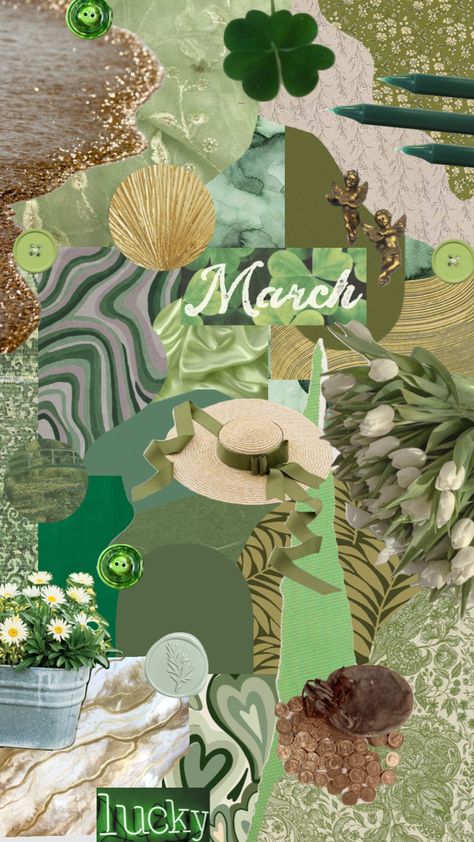 Saint Patricks Day Wallpaper Aesthetic, March Vibes Wallpaper, March Themed Wallpaper, St Patrick's Day Aesthetic, St Patricks Day Aesthetic Wallpaper, Saint Patrick’s Day Aesthetic, March Collage Wallpaper, At Patrick’s Day Wallpaper, St Patricks Aesthetic