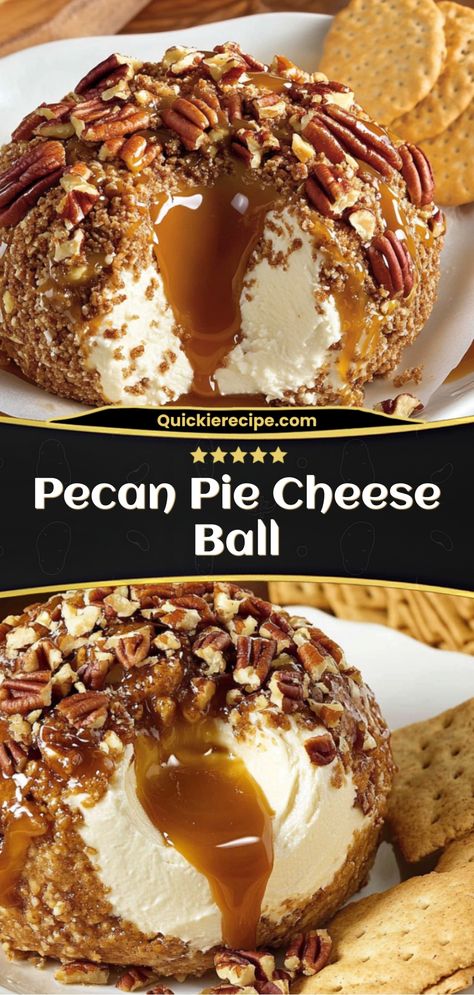 This Pecan Pie Cheese Ball combines the rich flavors of cream cheese, brown sugar, and pecans for a sweet and creamy dessert dip. Topped with caramel and crunchy pecans, it’s a perfect holiday treat to serve with cookies or graham crackers.

Ingredients:

    1 block (8 oz) cream cheese, softened
    1/2 cup brown sugar
    1/2 tsp cinnamon
    1/2 cup chopped pecans (for coating)

A creamy, sweet cheese ball with the irresistible flavor of pecan pie—perfect for festive gatherings! Pecan Pie Cheese Ball Recipe, 3 Ingredient Pecan Log, Pecan Pie Cheese Ball, Pecan Pie Cheeseball, Cream Cheese Pecan Dip, Cheesecake Cheeseball, Sweet Cheese Ball, Pecan Pie Dip, Pecan Pie Balls