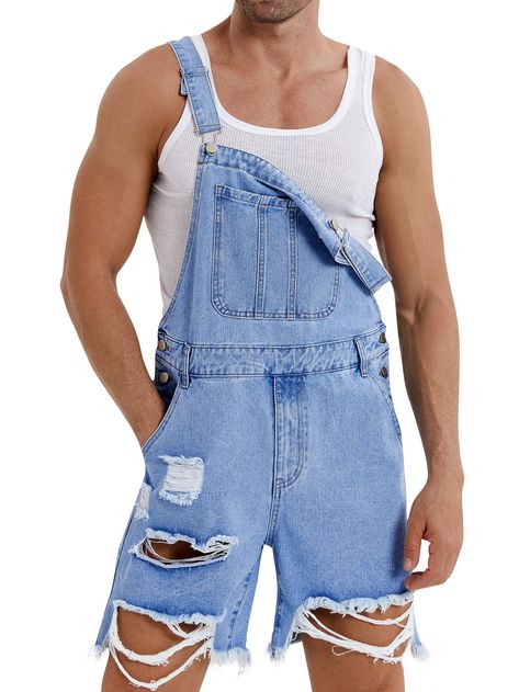 PRICES MAY VARY. 【Features】: Overalls for men, Button Fly closure, Denim fabric, Knee length, Short Pants with Pockets. These durable overalls feature a generous, roomy fit with adjustable shoulder straps, a large bib with flap & zip pockets & multiple other pockets for convenient storage. 【Material】:High quality row denim fabric, thick and firm, lightweight and loose, durable premium quality and comfortable fit. Light washed for vintage looking. 【Occasion】: Perfect for home stay, outwear, offic Overalls Boy, Overalls For Men, Jumper Suit, Romper Casual, Jean Romper, Beach Shopping, Mens Denim Shorts, Stylish Jumpsuit, Party Bar