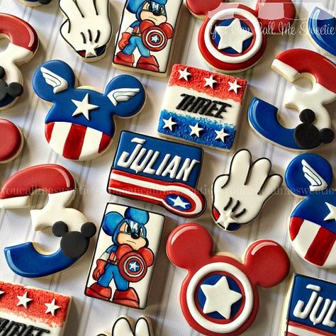 America Cookies, Happy Birthday Julian, Captain America Birthday Party, Captain America Cake, Mouse Cookies, Minnie Mouse Cookies, Hand Painted Cookies, Mickey Mouse Cookies, America Theme