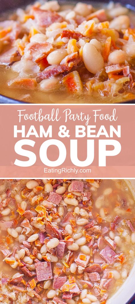 Pot of soup with white beans ham onion and carrots Ham And Beans Stovetop Dry Beans, Ham Chili Recipe, Ham And Green Bean Soup, Ham And Bean Soup Stovetop, Ham And Beans Stovetop, Easy Soup Dinner, Ham And Beans Crockpot Recipes, Quick Ham And Bean Soup, Ham Soup Crockpot