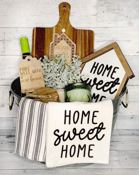 You will  like this. Diy New Home Gift Basket, Buyer Gift Baskets Real Estates, Realtor Welcome Home Basket, Realtor Welcome Home Gift, Housewarming Gift Diy Cricut, First Time Home Buyer Gifts, Real Estate Raffle Ideas, Cricut Gift Basket Ideas, Real Estate Basket Ideas