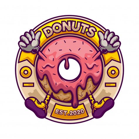 Donut logo mascot in circle badge | Premium Vector #Freepik #vector Donut Logo Design Ideas, Donut Logo Design, Eco Logo Design, Donut Cartoon, Donut Logo, Balloon Logo, Tipografi 3d, Retro Logo Design, Inspiration Logo Design