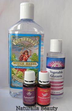 DIY TONER :: Witch Hazel Glycerin Toner Recipe :: 1/2 c. witch hazel, 20 drops vegetable glycerin, 10 drops each lavender frankincense essential oil. Add ingredients in (dark) glass bottle; shake to mix. Apply w/ cotton ball or mist onto face w/ spray bottle. Has just enough glycerin to make the toner a bit more gentle, but doesn't feel tacky or too tight/dry (like straight witch hazel) on or change the witch hazel's effectiveness. Essential oils can be switched up, too. | #naturallabeauty Diy Glycerin, Toner Witch Hazel, Diy Makeup Recipe, Diy Toner, Skin Care Toner Products, Yl Essential Oils, Witch Diy, Frankincense Essential Oil, Diy Cosmetics