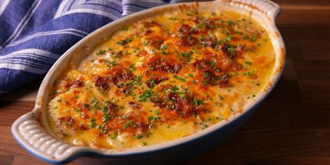 Easy Cheesy Scalloped Potatoes Recipe - How To Make Best Homemade Scalloped Potatoes with Bacon—Delish.com Loaded Scalloped Potatoes, Scalloped Potatoes Cheesy, Scalloped Potato Recipes, Scalloped Potatoes, Potato Dishes, Side Recipes, Veggie Dishes, Vegetable Side Dishes, Vegetable Dishes