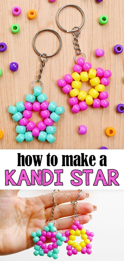 Have fun making these bright and colourful kandi stars! These pony bead stars make an adorable DIY keychain, and they're SO EASY to make! Both kids and adults will have fun making this simple pony bead craft. And you only need a few simple dollar store supplies! Pearled Bead Keychain, Arts And Crafts With Beads, How To Make Pony Bead Keychains, Elementary Jewelry Making, Bead Banners Patterns, Things To Make With Kandi Beads, Easy Key Chains Diy, Kandi Star Pattern, Small Pony Bead Patterns