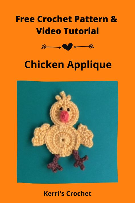 Learn how to crochet this chicken applique by following the free pattern or video tutorial at Kerri's Crochet. Crochet Chicken Pattern, Chicken Applique, Panda Applique, Crochet Appliqué, Appliqué Designs, Crochet Applique Patterns Free, Chicken Pattern, Cute Chicken, Crochet Chicken