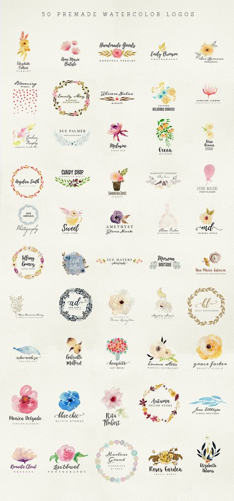 50 Premade Watercolor Logos by Webvilla on @creativemarket Feminine Logos, Watercolor Logo Design, 50% Logo, Floral Logo Design, Boho Logo, Logo Idea, Logo Floral, Drawing Clipart, Hand Drawn Logo