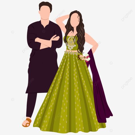 Indian Wedding Couple Outfits, Wedding Couple Outfits, Outfits Traditional, Couple Illustration Wedding, Bride And Groom Cartoon, Wedding Couple Cartoon, Traditional Lehenga, Wedding Card Design Indian, Caricature Wedding