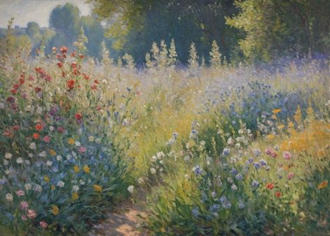 A vibrant painting depicting a lush meadow filled with various wildflowers in full bloom, bathed in warm sunlight. The colors are rich and expressive, showcasing a variety of blues, yellows, and whites. Trees border the field, adding depth and perspective to the composition. The painting conveys a sense of tranquility and peace, capturing the beauty of nature in full bloom. DIGITAL DOWNLOAD: Downloadable Art, Printable Art These high-quality prints are generated using digital tools creating an o Tree Borders, Field Of Wildflowers, Digital Tools, Paintings Art Prints, Online Printing Services, Summer Day, Downloadable Art, Art Printable, Painting Art