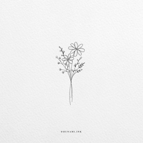 Fineline Tattoo Minimalist, Bunami Ink, Tiny Flower Tattoos, Wild Bouquet, Flores Tattoo, Fineline Tattoo, Hamsa Tattoo, Wildflower Tattoo, Bouquet Tattoo