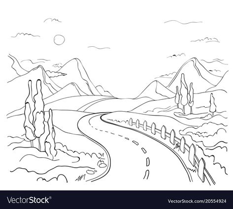 Winding Road Drawing, Vulture Drawing, Tree Stencils, Road Drawing, Mountain Outline, Forest Sketch, Road Vector, Contour Lines, Mountain Drawing