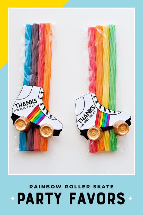 rainbow twizzlers and a roller skate shaped tag with ROLOs as the skate wheels Skating Party Food Ideas, Sweet 16 Skate Party Ideas, Rollerskating Party Decorations, Roller Skate Party Ideas, Roller Skate Party Ideas Girl Birthday, Roller Skating Birthday Party Ideas, Diy 90s Party, Skating Party Decorations, Rainbow Twizzlers