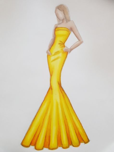 Fishtail Dress Drawing, Drawing Gold, Fishtail Gown, Diy Hair Scrunchies, Fishtail Dress, Fashion Designing, Dress Drawing, Hair Scrunchies, Gown Dress