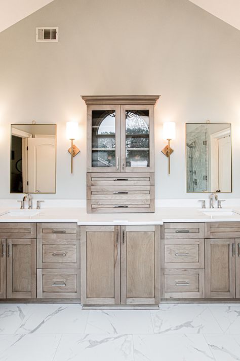 Farmhouse Master Bath, Light Grey Bathrooms, Master Bath Vanity, Grey Bathroom Vanity, Transitional Bathroom, Master Bath Remodel, Bath Cabinets, Cabinetry Design, Bathroom Update