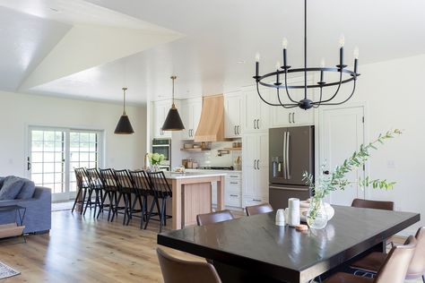 Open Concept Dining Room, Black Cabinet Hardware, Are We There Yet, Living Room Dining Room Combo, Dining Room Combo, All White Kitchen, Island With Seating, Black Cabinets, Breakfast Area