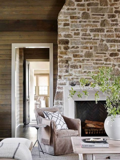 How to: DIY Over-Grouted Stone Fireplace! (For Under $200!) - Chris Loves Julia Stone Fireplace Makeover, Lake House Living Room, Stone Walls Interior, Rustic Lake Houses, Stone Wall Design, A Brick Wall, Interior Wall Design, Home Fireplace, Cool Ideas