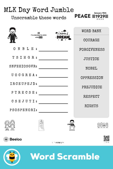 Medium martin luther king jr. day-themed word scramble for kids ages 6 and up Mlk Worksheets For Kids, Martin Luther King Jr Elementary Activities, Martin Luther King Jr Activities 2nd Grade, Prek Martin Luther King Jr Activities, Martin Luther King Jr Writing Activities, Word Jumble, Word Scramble For Kids, Airport Theme, Mlk Jr Day