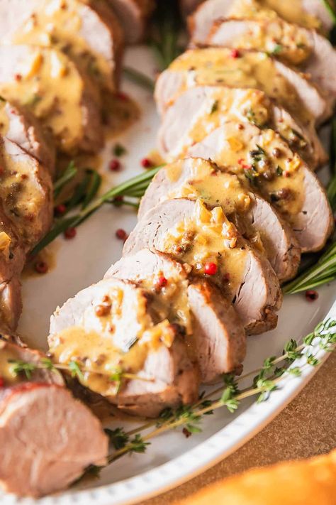 Roast Pork Tenderloin with Creamy Mustard Sauce | Sweet Tea + Thyme Herb Crusted Pork Tenderloin, Crusted Pork Tenderloin, Roast Pork Tenderloin, Dijon Cream Sauce, Mustard Cream Sauce, Creamy Mustard Sauce, Roasted Pork Tenderloins, Roast Pork, Mustard Sauce