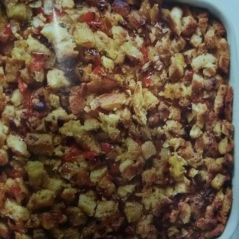 Plantain Stuffing Plantain Stuffing Recipe, Stuffing Recipes, Oven Dishes, Fresh Thyme, Holiday Cooking, Chicken Stock, Food Network, Food Network Recipes, Stuffed Bell Peppers