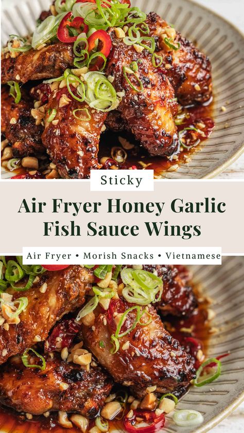 These saucy and sticky restaurant-worthy baked honey garlic fish sauce wings are ready in less than 30 minutes in your oven or your air fryer. When friends are over or you’re entertaining, nothing beats a platter of sticky air fryer honey garlic fish sauce wings. This dish blends sweetness, heat, and savoury flavours. Whether you prepare them in an air fryer or the oven, these wings will be the star of your snack spread. #airfryerrecipes #airfryer #wings #chickenwings #fishsauce Recipes Using Fish Sauce, Airfryer Wings, Fish Sauce Chicken Wings, Fish Sauce Wings, Fish Sauce Chicken, Asian Chicken Wings, Wings In The Oven, Gluten Free Chilli, Air Fryer Chicken Wings