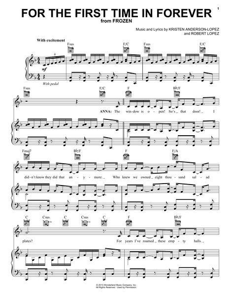 Download Kristen Bell & Idina Menzel For The First Time In Forever (from Disney's Frozen) sheet music notes that was written for Piano, Vocal & Guitar and includes 2 page(s). Printable Disney PDF score is easy to learn to play. Learn more about the conductor of the song and Piano, Vocal & Guitar music notes score you can easily download and has been arranged for. The number (SKU) in the catalogue is Disney and code 122485. The PVG Kristen Bell & Idina Menzel sheet music Minimum required purchase Disney Sheet Music, Frozen Songs, Song Notes, Clarinet Sheet Music, Saxophone Sheet Music, Flute Sheet Music, Song Sheet, Idina Menzel, Violin Sheet Music