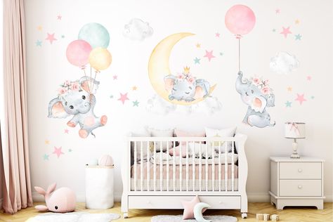 Sleeping Elephant, Elephant Decal, Elephant Wall Decor, Elephant Balloon, Baby Room Wall Decor, Elephant Stickers, Girl Decals, Baby Room Wall, Watercolor Nursery