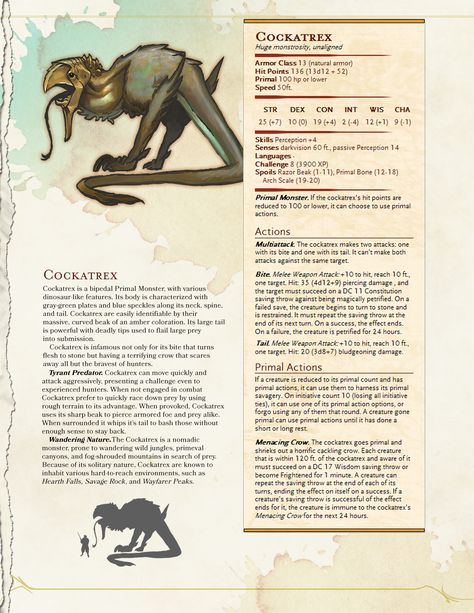 Primal Monster: Cockatrex Homebrew Monsters, Dnd Stats, Dnd Homebrew, Dungeons And Dragons 5e, D D Monsters, Dnd 5e Homebrew, Dnd Dragons, Monster Cards, Dnd Monsters