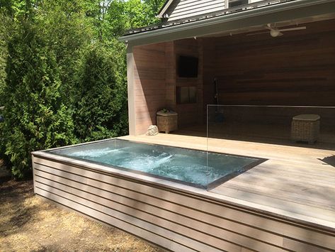 Built In Swim Spa, Built In Cold Plunge, Sauna And Jacuzzi Outdoor, Spa Stairs Hot Tubs, Cold Plunge Tub And Sauna, Jacuzzi Built In Deck, Concrete Spa Hot Tubs, Outdoor Hardscape, Stunning Pools