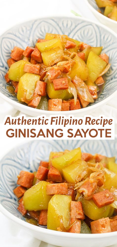 This Vegetarian Ginisang Sayote recipe is a simple, delicious, and healthy Filipino dish. It is made of sliced chayote, vegan luncheon meat, savory sauces, and healthy seasonings which makes a great option for a nutritious lunch or dinner. Have a try! Sayote Recipe Filipino Food, Sayote Recipe, Healthy Family Lunch, Ginisang Sayote, Filipino Vegetable Dishes, Easy Vegetable Dishes, Healthy Seasonings, Chayote Recipes, Nutritious Lunch