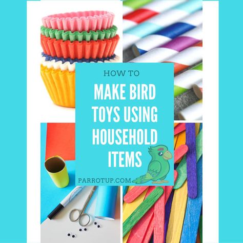 Today we're sharing some household items that you can use to make economical toys for your parrots.   A quick word of caution before we dive in. Please remember that not every toy (or toy part) is safe for every parrot.  Make sure you are watchful of how your bird interacts with new items you introduce, and that you fe Diy Budgie Toys, African Grey Parrot Toys, Conure Toys, Homemade Bird Toys, Diy Parrot Toys, Diy Bird Cage, Cockatiel Toys, Budgie Toys, Parakeet Toys