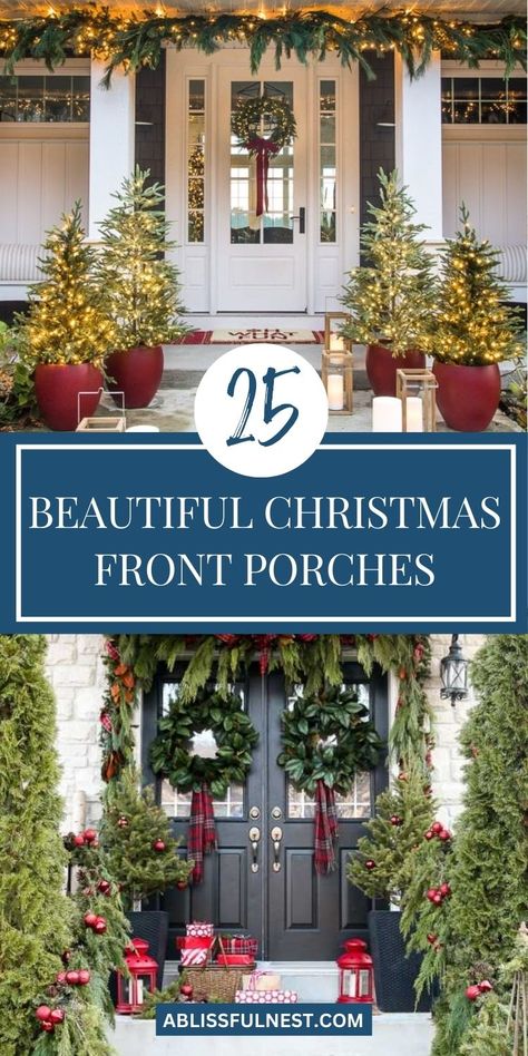 Looking for ways to create a magical welcome this Christmas? Feast your eyes on these 25 beautiful christmas front porches, overflowing with creative ideas to elevate your holiday decor. Whether you prefer a traditional look or a modern twist, there's something here to spark your imagination and make your home shine. #christmasdecor #frontporchgoals #festivevibes Front Steps Christmas Decorations, Christmas Farmhouse Front Porch, Vintage Christmas Front Porch, Craftsman Christmas Porch, Christmas Trees Front Porch, Decorating Porch Columns For Christmas, Holiday Front Porch Decor Christmas, Simple Christmas Front Porch Ideas, Porch Trees Christmas