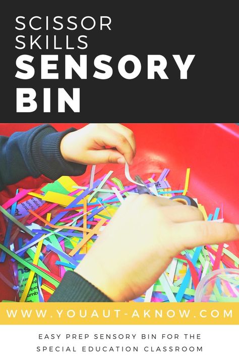 Implementing sensory bins in the classroom doesn't have to be a ton of hard work and cost a lot of money. I put this sensory bin together in my special education classroom for exactly $0. I used it with my students who are working on scissor skills. They were able to snip the paper, sort it by color, and do so many different things. Of course, students should be supervised when using scissors, but there are all kinds of fun things you can do with this bin that don't involve scissors! #sensorybin Elementary Special Education Classroom, Sensory Tables, Life Skills Curriculum, Prep Activities, Special Education Elementary, Speech Ideas, Teaching Special Education, Scissor Skills, Special Education Resources