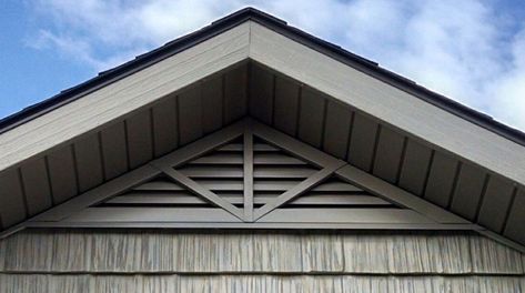 Triangle gable vent with 3 spoke Attic Vents Exterior, Gable Vents On House, Gable End Ideas, Addition Above Garage, Bungalow Front Porch, Beach Bungalow Exterior, Attic Vent, House Vents, Front Door Landscaping