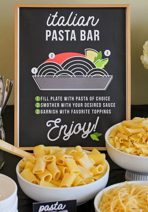 Host a fun and delicious dinner party at home with this easy Italian pasta bar! Mix and match pasta, sauce, and toppings to build the perfect bowl of pasta! #pasta #recipe #easydinner #sauce #italian #dinnerparty #pastabar Build Your Own Pasta Bar, Pasta Bar Party, Birthday Dinner Menu, Party Food Bars, Italian Dinner Party, Italian Party, Pasta Party, Bar Mix, Pasta Bar