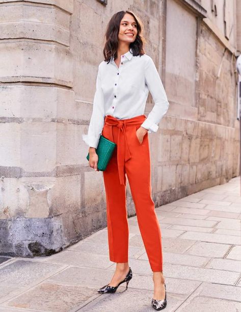 Boden Hampstead Tie Waist Pants Orange Trousers Outfit, Orange Pants Outfit, Orange Trousers, Orange Belt, Basic White Tee, Trouser Outfit, Orange Pants, Tie Waist Pants, Orange Sunset