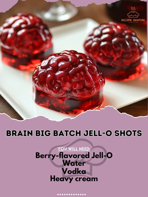 🧠 "Brain Big Batch Jell-O Shots are a spooky, fun treat perfect for Halloween parties. Get ready for some brainy fun!" 🧟‍♂️🍹 #BrainJelloShots #HalloweenTreats Brain Big Batch Jell-O Shots Ingredients: Berry-flavored Jell-O (1 pack) Water (1 cup, boiling) Vodka (1 cup) Heavy cream (1 cup) Corn syrup (2 tbsp) Instructions: Mix berry-flavored Jell-O with boiling water until dissolved. Stir in vodka and let cool slightly. Pour into brain-shaped molds and refrigerate for 4 hours. Before servin... Whisky Jello Shots, Cute Jello Ideas, Brain Jello Shots, Halloween Jell-o Shots, Halloween Party Drinks Alcohol, Jello Brain, Halloween Brunch, Fun Halloween Drinks, Making Jello Shots