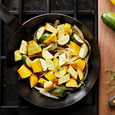 Why a Carbon-Steel Skillet Should Be Your Go-To Weeknight Pan | Epicurious | Epicurious Cornstarch Substitute, Carbon Steel Skillet, Zucchini And Yellow Squash, Carbon Steel Pan, Potato Starch, Weekday Meals, Girl Cooking, Tapioca Flour, Pan Recipes