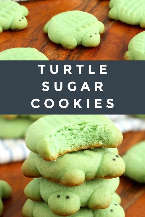 A pile of turtle sugar cookies and one by itself. Turtle Sugar Cookies, Soft Chewy Sugar Cookies, Simple Sugar Cookies, Turtle Shape, Turtle Cookies, Simple Sugar, Make Cookies, Chewy Sugar Cookies, Green Food