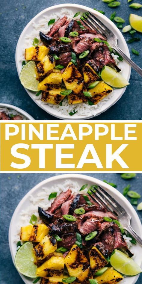 Meat And Pineapple Recipes, Pineapple Marinade For Steak, Pineapple Steak Marinade, Steak And Pineapple Recipes, Steak Pineapple Bowl, Beef And Pineapple Recipes, Steak Rice Bowl Recipes, Summer Steak Recipes, Steak And Rice Bowl