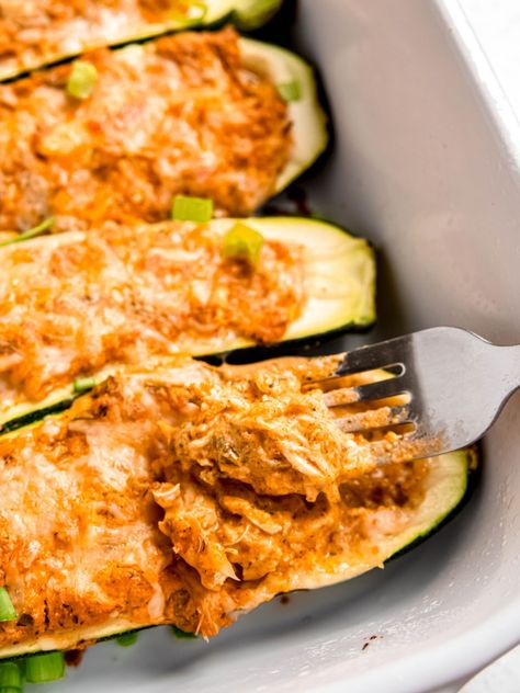 Buffalo Chicken Zucchini Boats - The Oregon Dietitian Buffalo Chicken Zucchini Boats, Buffalo Chicken Zucchini, Use Up Zucchini, Healthy Buffalo Chicken Dip, Chicken Squash, Zucchini Boat Recipes, Homemade Ranch Seasoning, Zucchini Bites, Spicy Buffalo Chicken